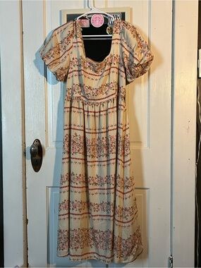 Cream Floral Maxi Dress with Puff Sleeves